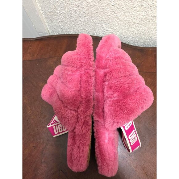 UGG Women's Pink Fluffy Shearling Slide Slippers With Elastic Strap Size 6 - Picture 7 of 10